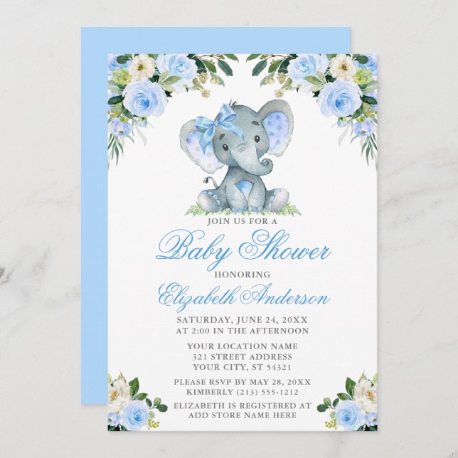 Invitation Baby shower Elephant Bow Blue Floral Argent (Devant / Derrière)