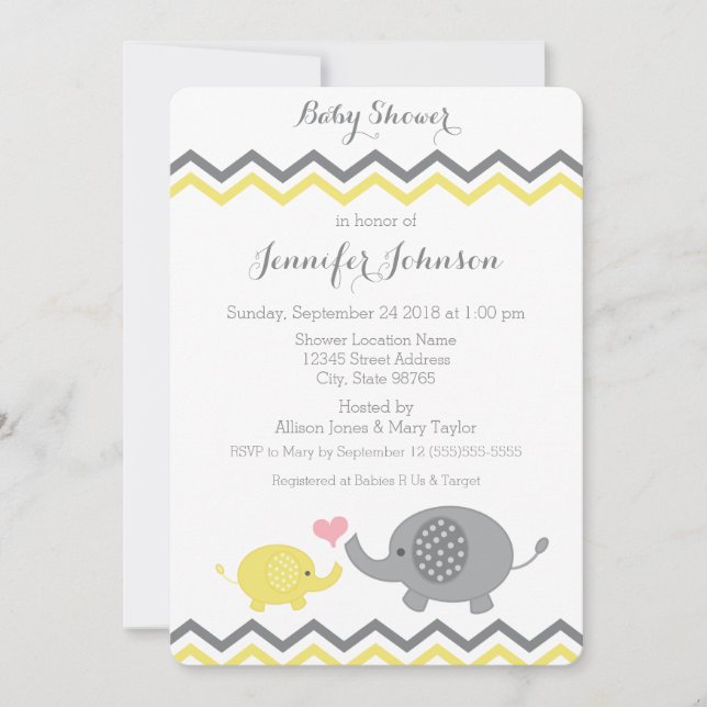 Invitation Baby shower éléphant | Chevron gris jau (Devant)