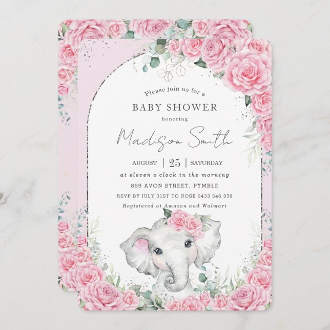 Invitation Baby shower Eléphant Chic Rose Floral Doux (Devant / Derrière)