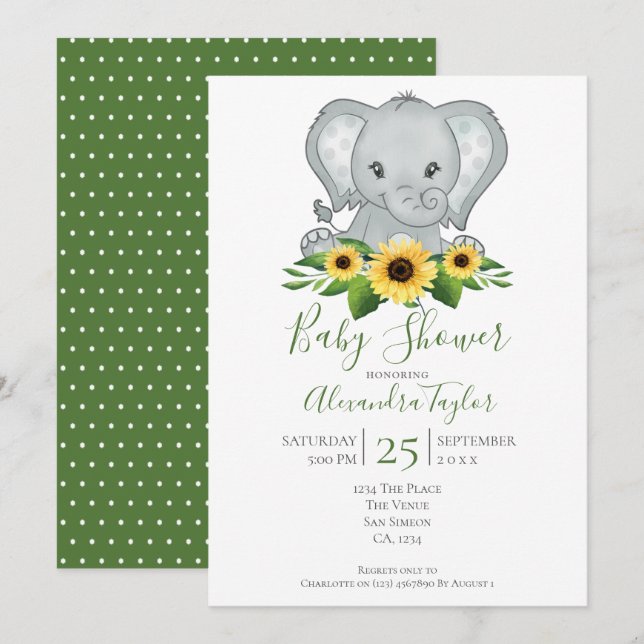 Invitation Baby shower Eléphant Cute Personnalisé (Devant / Derrière)