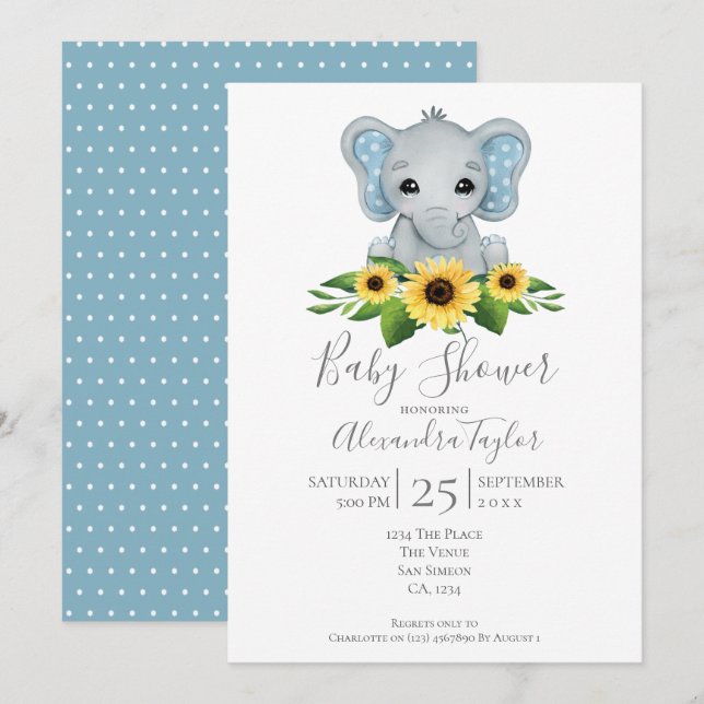 Invitation Baby shower Eléphant Cute Personnalisé (Devant / Derrière)