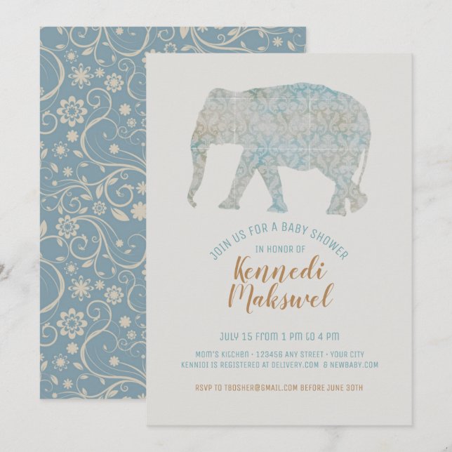 Invitation Baby shower éléphant de Boho (Devant / Derrière)