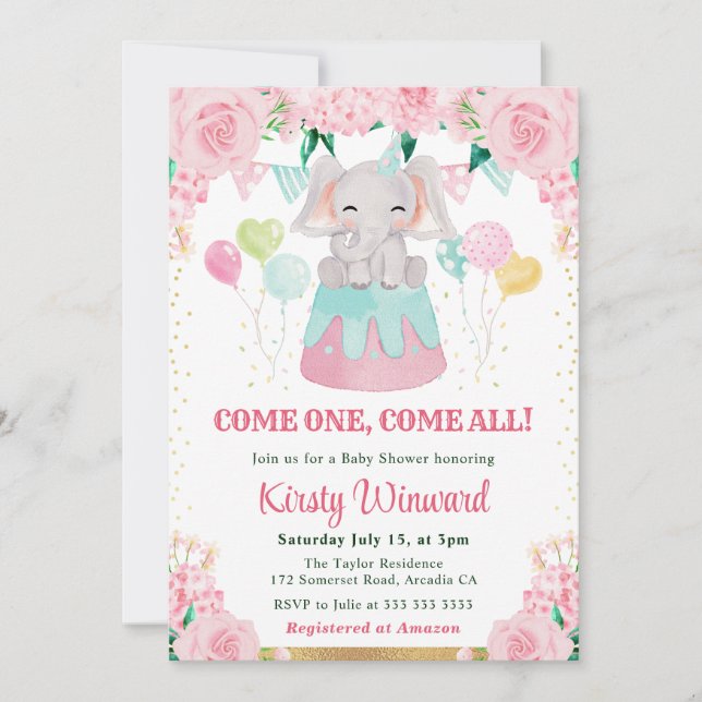 Invitation Baby Shower Éléphant de Cirque Rose Aquarelle (Devant)