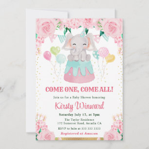 Invitation Baby Shower Éléphant de Cirque Rose Aquarelle