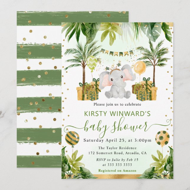 Invitation Baby-Shower éléphant de jungle à l'aquarelle (Devant / Derrière)