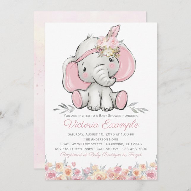 Invitation Baby shower Eléphant de la fille rose Boho (Devant / Derrière)