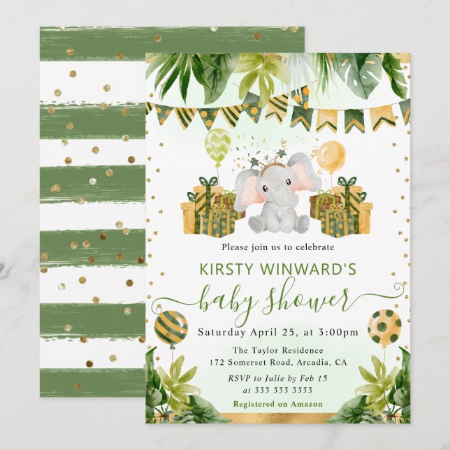 Invitation Baby-Shower Éléphant de la Jungle à l'aquarelle (Devant / Derrière)