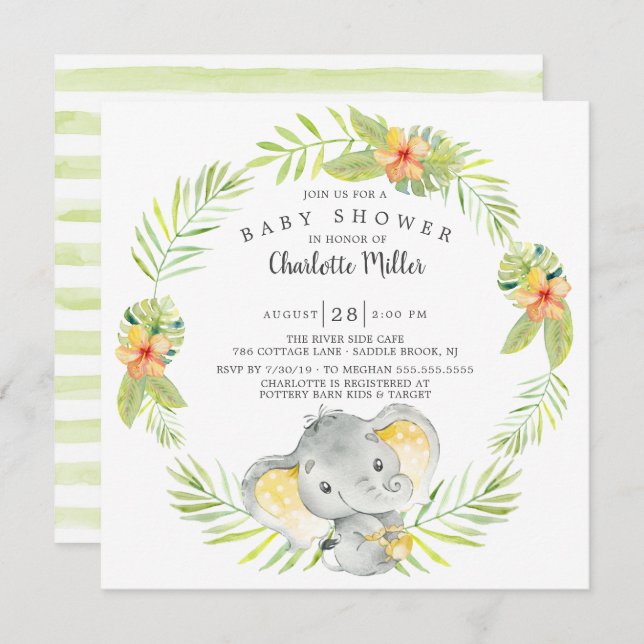 Invitation Baby shower Eléphant de la jungle neutre entre hom (Devant / Derrière)