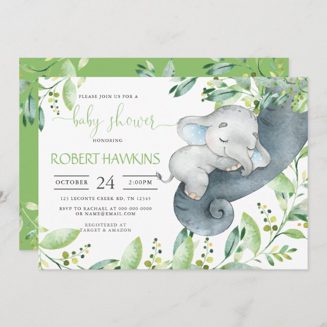 Invitation Baby shower Elephant de verdure (Devant / Derrière)