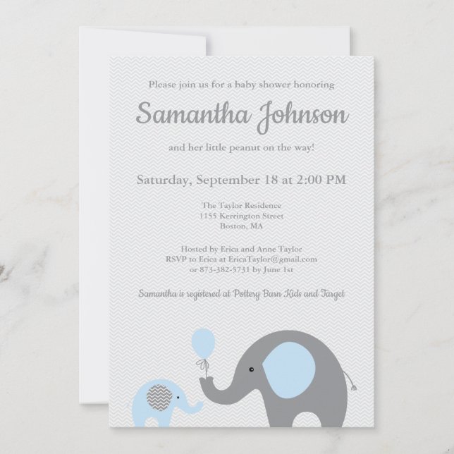Invitation Baby shower éléphant en bleu et gris (Devant)