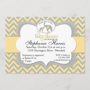 Invitation Baby shower éléphant en Jaune et Gris de Chevron
