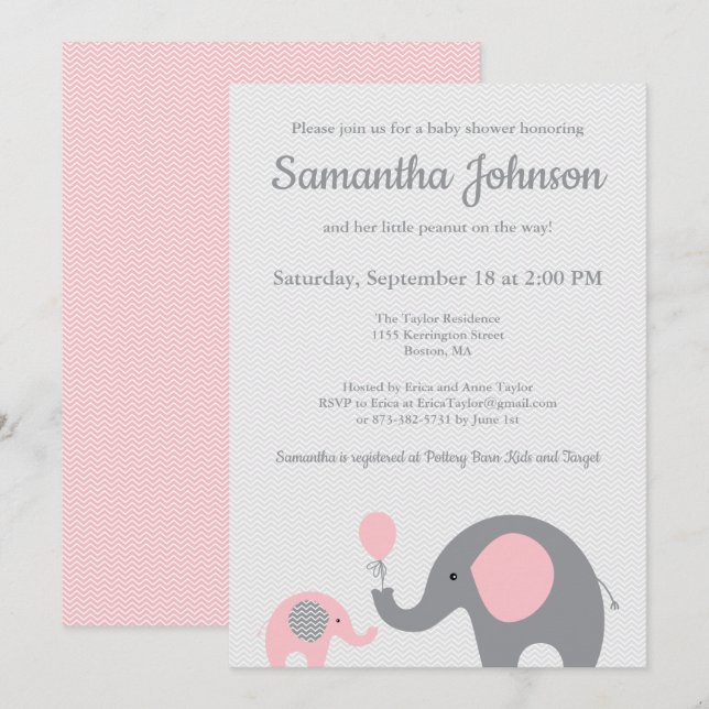 Invitation Baby shower éléphant en rose et gris (Devant / Derrière)