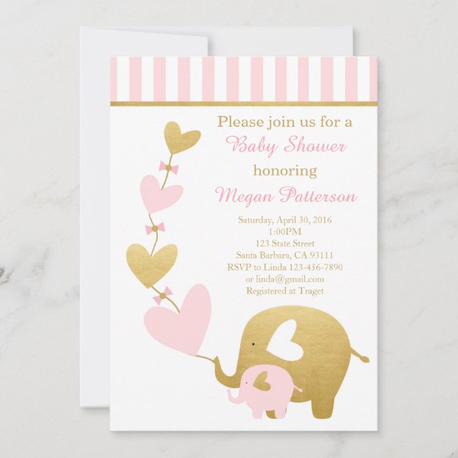Invitation Baby shower éléphant en rose et or (Devant)
