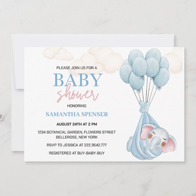 Invitation Baby shower Elephant Et Bleu Ballons (Devant)