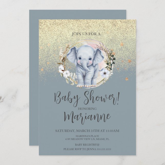 Invitation Baby shower éléphant Faux Gold Parties scintillant (Devant / Derrière)