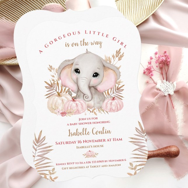 Invitation Baby shower Elephant Fille Automne (Pink & Rose gold Fall Baby Shower Invitation With The Cutest Elephant And Pumpkins)