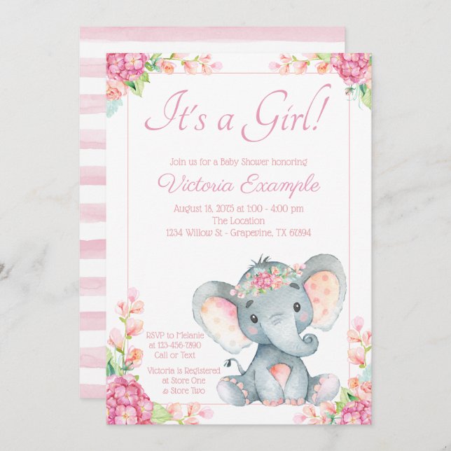 Invitation Baby shower Eléphant fille mignonne (Devant / Derrière)