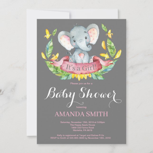 Invitation Baby shower Eléphant fille rose et gris (Devant)