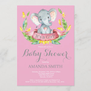 Invitation Baby shower Eléphant fille rose et gris