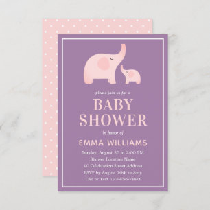 Invitation Baby shower éléphant fille - rose viole