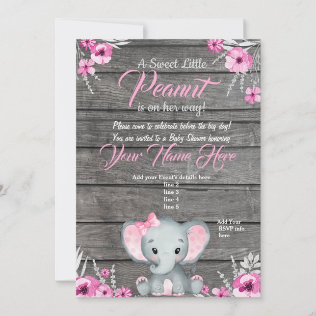 Invitation Baby shower Eléphant fille, rustique, r (Devant)