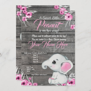 Invitation Baby shower Eléphant fille, rustique, r