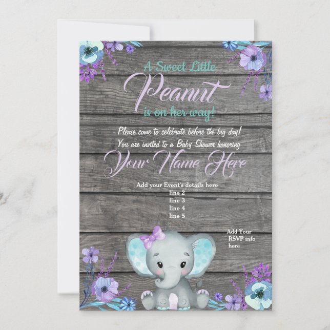 Invitation Baby shower Eléphant fille, rustique, t (Devant)