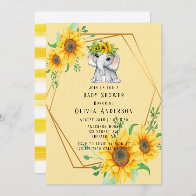 Invitation Baby shower Eléphant Fille Tournesol Chic (Devant / Derrière)