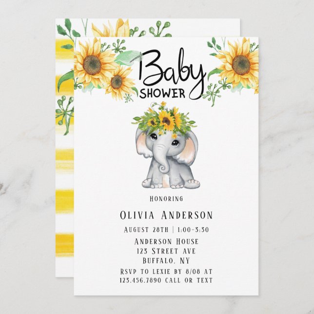 Invitation Baby shower Eléphant Fille Tournesol Chic (Devant / Derrière)
