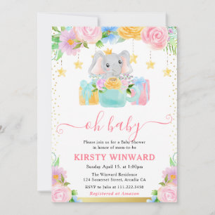 Invitation Baby-Shower Éléphant Floral Aquarelle