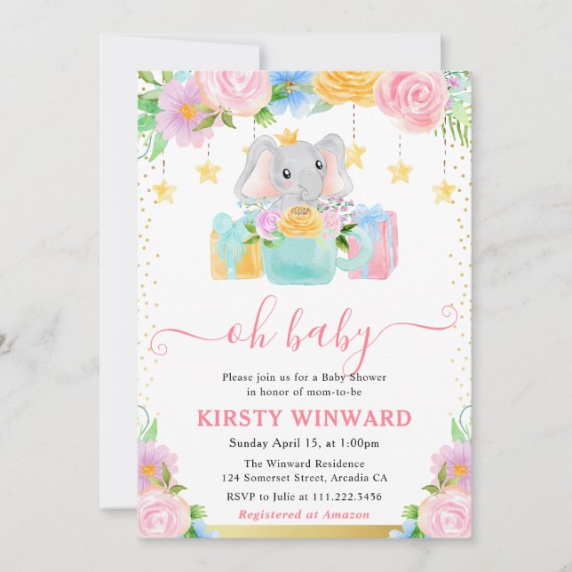 Invitation Baby-Shower Éléphant Floral Aquarelle (Devant)