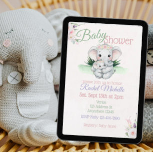 Invitation Baby shower éléphant floral aquarelle bébé et mama