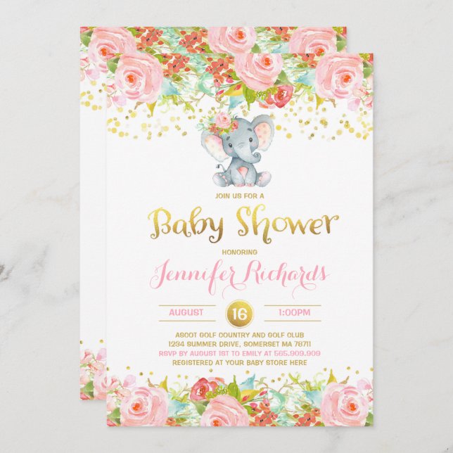 Invitation Baby shower éléphant Floral Boho Douche (Devant / Derrière)