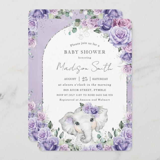 Invitation Baby shower Eléphant Floral Chic Lilac (Devant / Derrière)