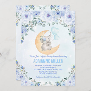 Invitation Baby shower éléphant garçon / Aquarelle Bleu Flora