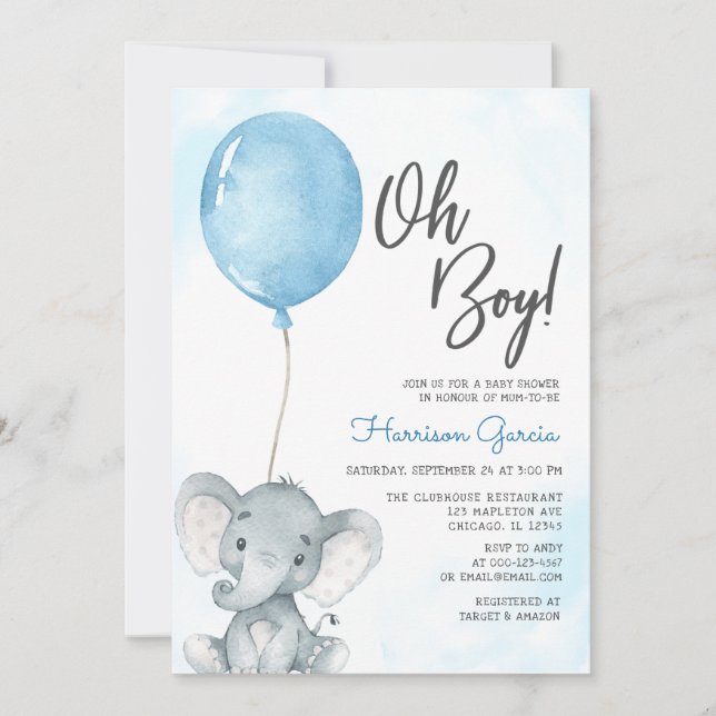 Invitation Baby Shower Éléphant Garçon Ballon Bleu (Devant)