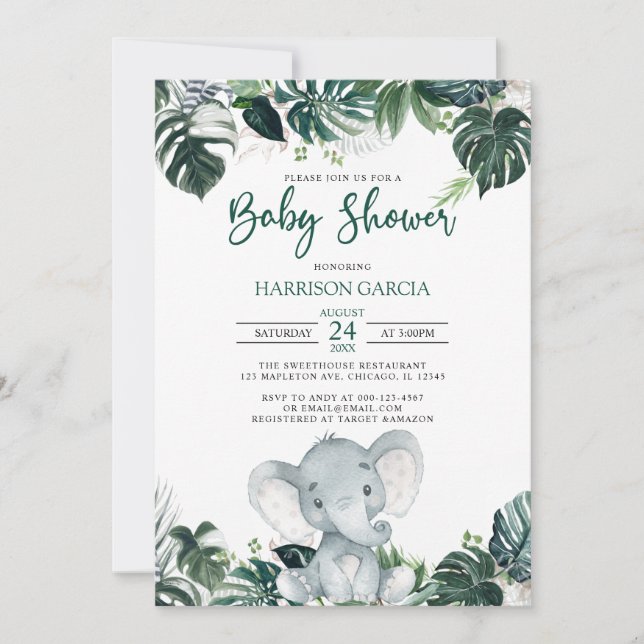 Invitation Baby shower éléphant garçon neutre selon le sexe (Devant)