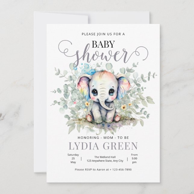 Invitation Baby-shower éléphant garçon verdure (Devant)