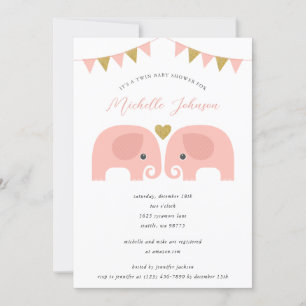 Invitation Baby shower Eléphant Girl Twins