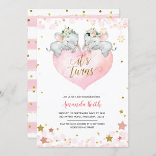 Invitation Baby shower Elephant Girl Twins