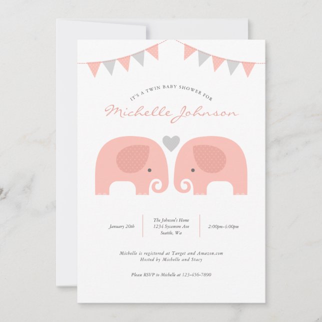 Invitation Baby shower Eléphant Girl Twins (Devant)