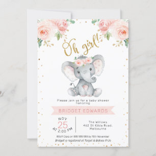 Invitation Baby shower éléphant Gold Rose Girl's Safari Eleph