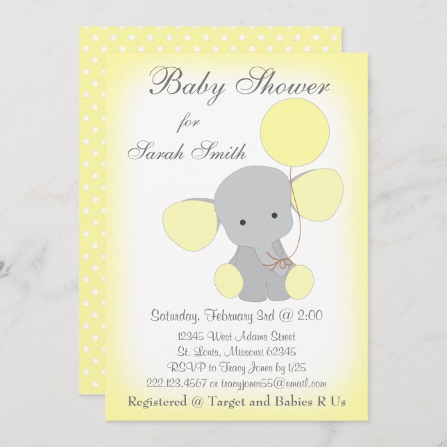 Invitation Baby shower éléphant gris jaune (Devant / Derrière)