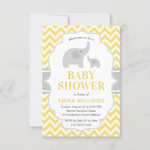 Invitation Baby shower Eléphant gris jaune mou moderne