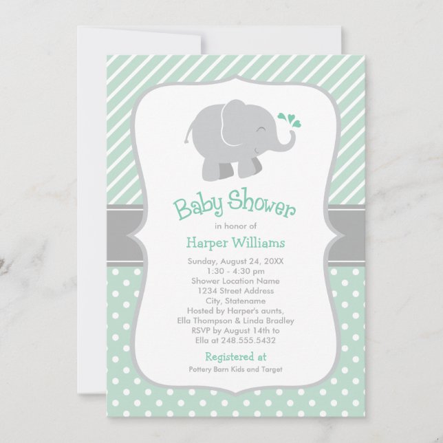Invitation Baby-Shower Éléphant Gris Moderne Menthe (Devant)