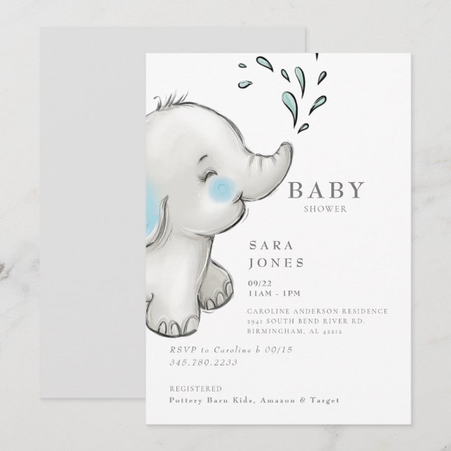 Invitation Baby shower Eléphant gris mou (Devant / Derrière)