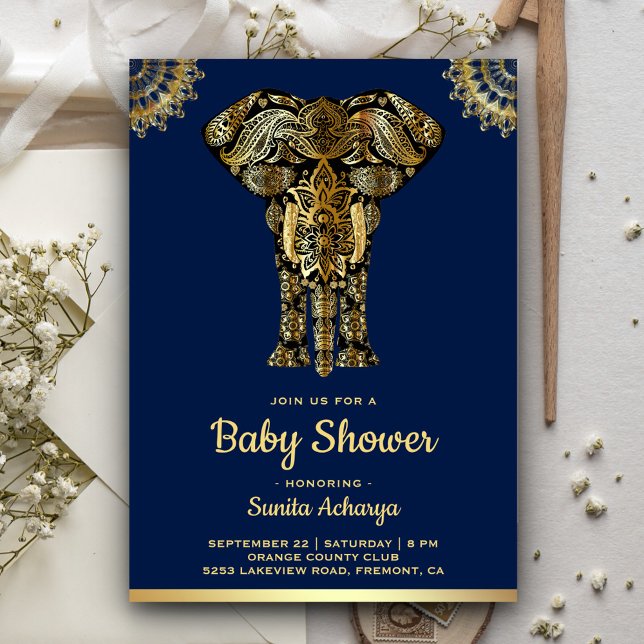 Invitation Baby Shower Eléphant Indien Or Bleu (Créateur téléchargé)