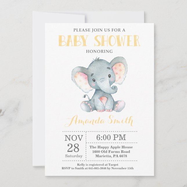 Invitation Baby shower éléphant Jaune et gris (Devant)