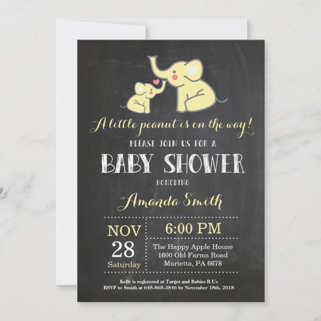 Invitation Baby shower éléphant Jaune et gris (Devant)