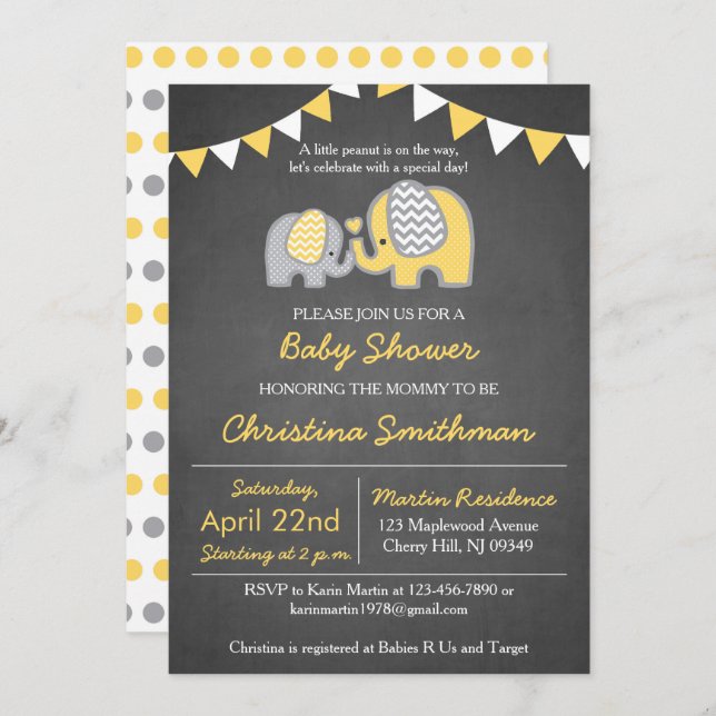 Invitation Baby shower éléphant Jaune et gris (Devant / Derrière)